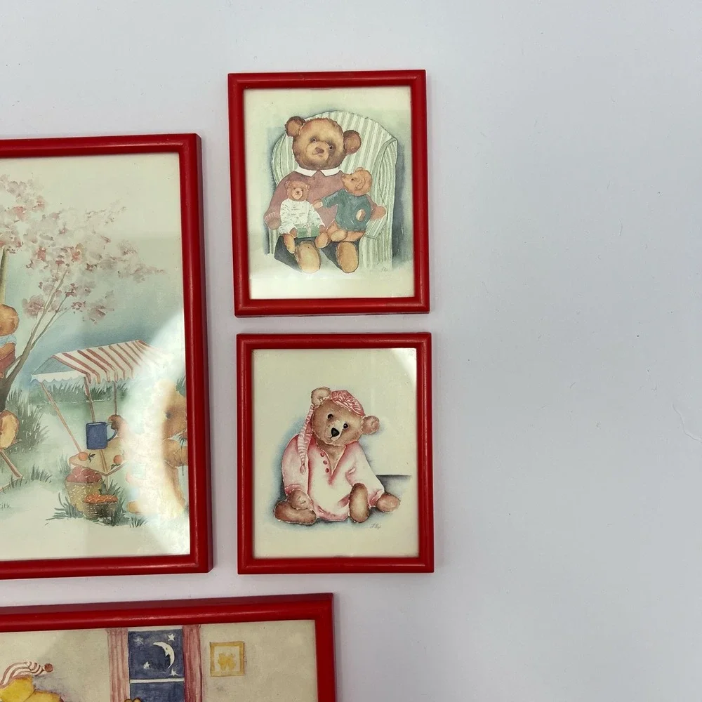 Vintage Teddy Bear Wall Art Red Signed Prints Set‎ of 7 Nursery Decor Paintings